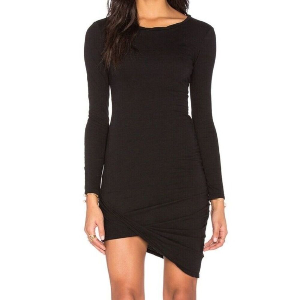 Pam & Gela Johnny Was Womens L Drape Front Ruched Side Black Bodycon Dress NWT